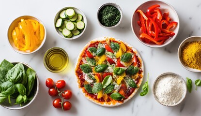 Flat lay of unbaked pizza with assorted fresh vegetables
