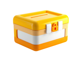 A 3D rendered closed container with a slot, clasp, and layered design