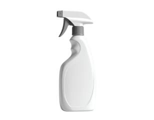 White plastic spray bottle with trigger, angled against a black background