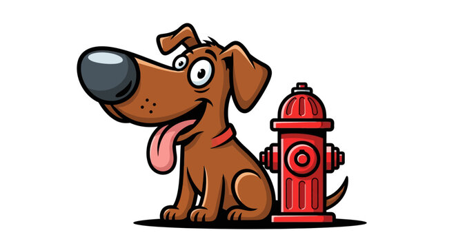 Cartoon dog sitting near a red fire hydrant with a funny and playful expression displayed