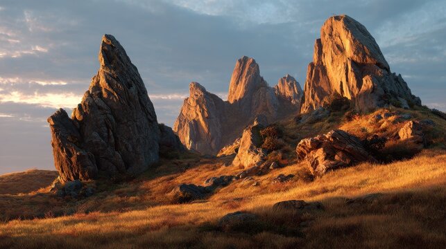 Golden Hours Embrace on Jagged Spires in a Wild, Untamed Rocky Landscape. - Powered by Adobe