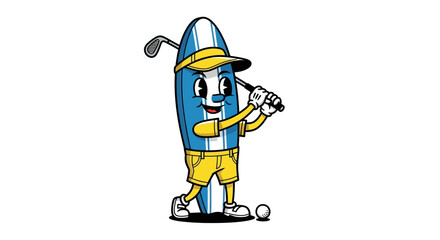 Fototapeta premium Cartoon Surfboard Character Playing Golf with Traditional Retro Design Style and Golfing Theme