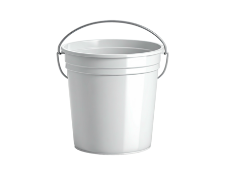 A clean, empty white plastic bucket with a metal handle on a black background