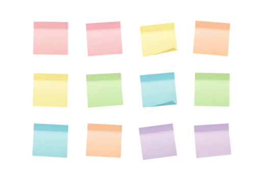 Ultra highresolution, professional studio photography of illustration of collection of colorful sticky notes, isolated on transparent background
