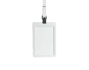 A blank, white ID badge hanging from a white lanyard against a black backdrop