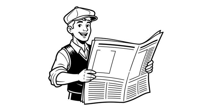 Vintage illustration of a smiling newsboy reading a newspaper with daily news articles