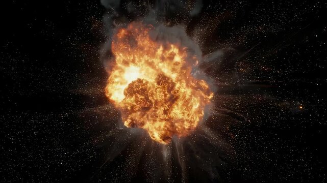 A large fiery explosion erupts in space, surrounded by scattered particles against a dark expanse