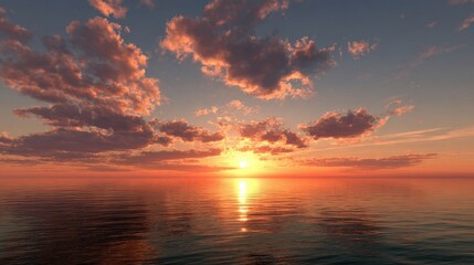 Obraz premium Golden Sunset Reflection - Tranquil Ocean Horizon with Dramatic Clouds and Warm Light.