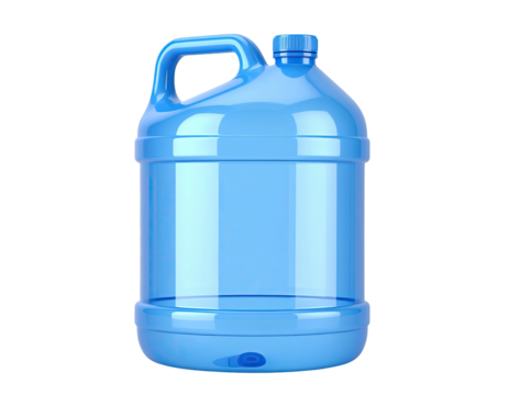 Large, transparent blue plastic water jug with handle, on a black background