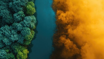 Vibrant river dividing lush green forest and orange smoke