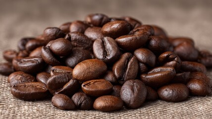 Naklejka premium Rustic coffee beans freshly roasted on wooden table with rich brown tones, aromatic espresso seeds ready for brewing in cozy morning light