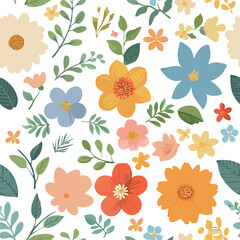 A spring-like seamless pattern scattered with brightly colored flowers and leaves