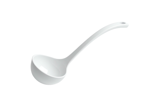 A white ladle with a long handle, curved, floating against a black background