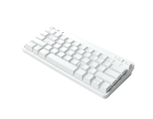 Angled, white mechanical keyboard with square keycaps on a transparent background