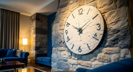 Modern Living Room with Large White Wall Clock and Cozy Blue Sofas