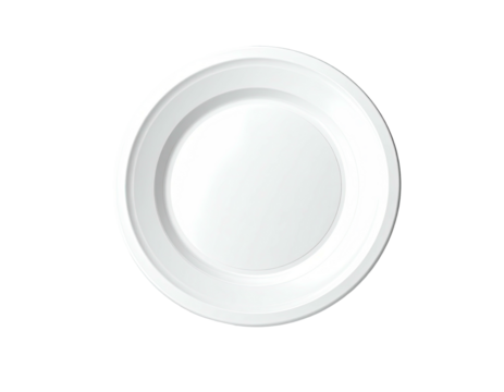 Overhead view of an empty, pristine white plate with concentric circles