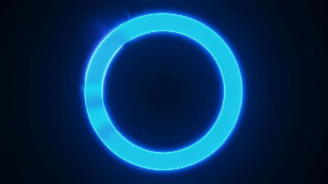 A glowing neon blue circle against a dark blue background, with rays emanating from the sides