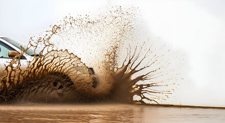 Off-road Vehicle Driving Through Muddy Water Splash in Outdoor Environment