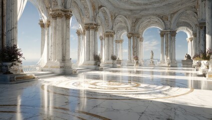 Obraz premium White marble palace interior, sunlit columns, arched views