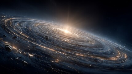 Spectacular spiral galaxy illustration featuring cosmic dust and asteroid fields in deep space