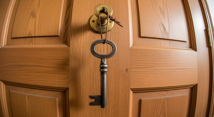 Old Metal Key Hanging on Wooden Door with Brass Lock in Warm Lighting