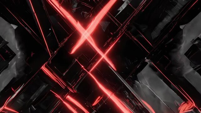 Abstract composition with intersecting red glowing lines across a black angular textured background