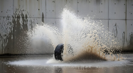 Tire Splash Water Explosion in Urban Environment with Concrete Wall