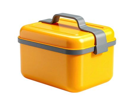 Bright orange plastic box with a gray handle, isolated on a black background