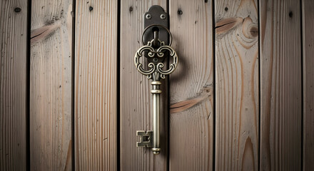Vintage Metal Key Hanging on Wooden Wall with Lock in Rustic Style