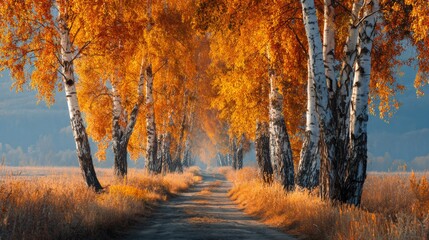 Fototapeta premium Autumn's golden embrace: strolling down a serene birch-lined path. Cinematic poster. Golden leaves and misty horizons: an autumnal birch lined scenic route. Drama poster. Thriller poster.