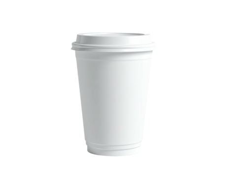 Isolated white disposable coffee cup with lid, against black backdrop, plain