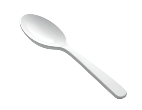 A white, plastic spoon against a black background, angled