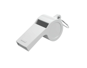 3D-rendered white plastic whistle with a looped string, set against black