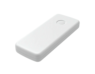 White rectangular device with rounded edges and a circular button