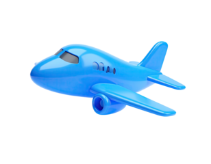 A vibrant blue, 3D cartoon airplane model on a black, transparent background