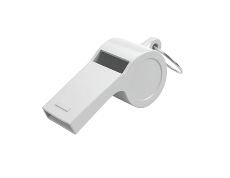 3D-rendered white plastic whistle with a looped string, set against black