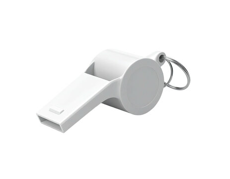 Isolated white plastic whistle with key ring against a black background