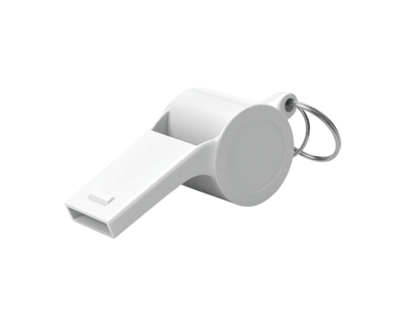 Isolated white plastic whistle with key ring against a black background
