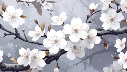 Delicate White Blossoms on Branches - A Serene Floral Art Piece.