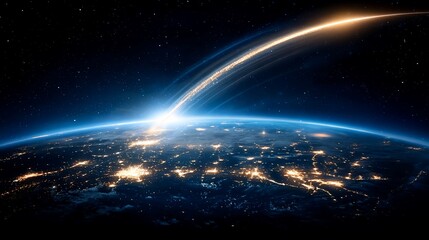Spectacular view of Earth from space with city lights and a celestial phenomenon