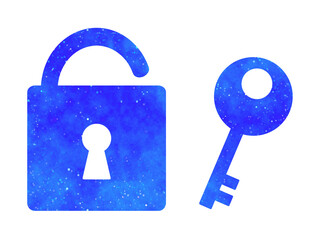 青い星空｜開いた南京錠と鍵マーク