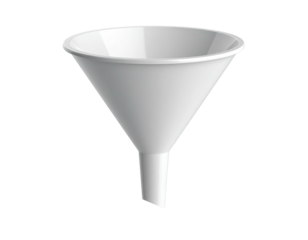 A clean, white, conical funnel with a long narrow spout, on black background