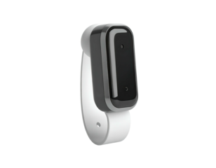 A sleek, futuristic wearable device with a black rectangular sensor on a white strap