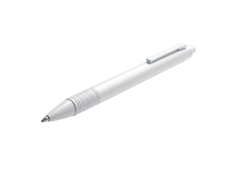 White, sleek pen with a clip, angled. Fine point. On a stark black background