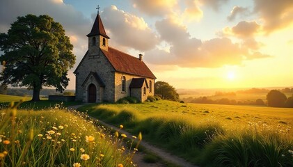 Golden Sunlight Bathes Serene English Countryside Church, Evoking Peace and Tranquility in this Idyllic Heritage Scene
