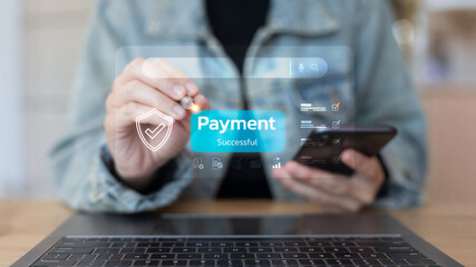 A person using a smartphone and a stylus for online payment success, showing secure transaction, digital finance, and fintech technology interface concept.