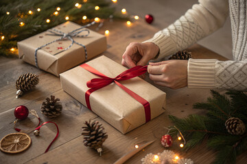 Wrapping Christmas presents with red ribbon on a wooden table, festive holiday scene.
