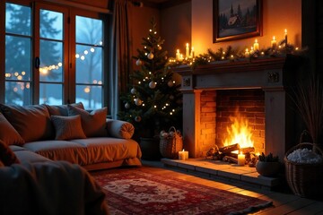 Warm Candlelight Illuminates Cozy Living Room Fireplace, Creating a Relaxing Winter Scene Perfect for Home Decor and Relaxation Themes