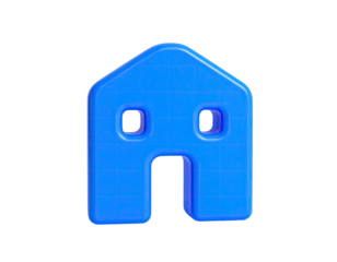 3D rendered bright blue house icon with windows and an open doorway against black