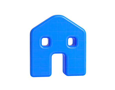 3D rendered bright blue house icon with windows and an open doorway against black - Powered by Adobe